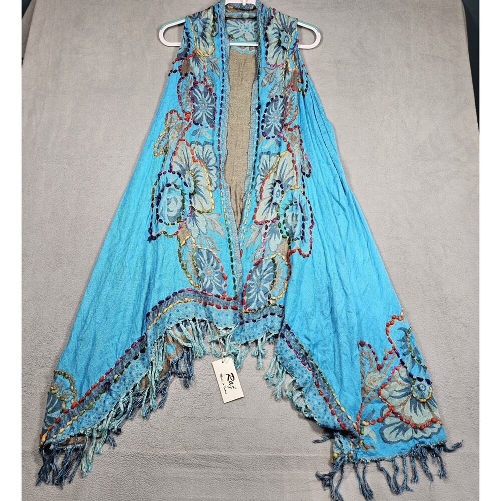 RAJ Thick Stitch Embroidered Duster Vest Blue Floral Hippie Boho Festival OSFM